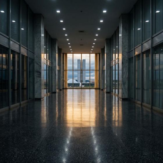 Corredor de prédio público com uma porta entreaberta